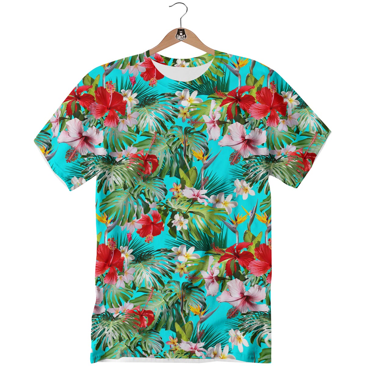 Plumeria Red Hibiscus Print Pattern T-Shirt-grizzshop