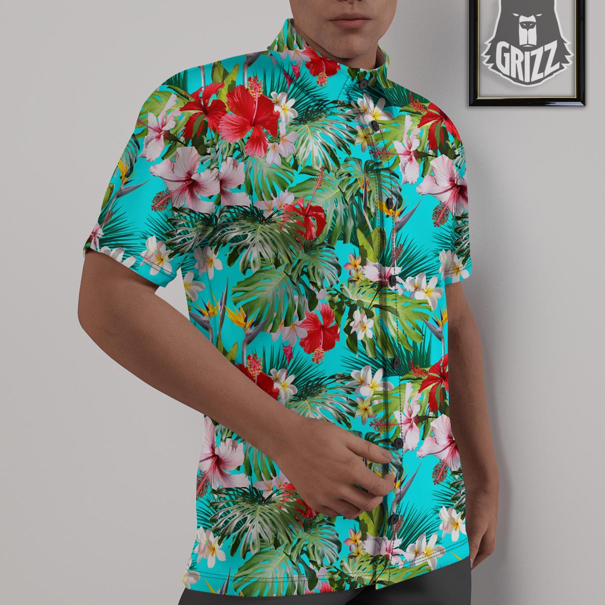 Plumeria Red Hibiscus Print Pattern Untucked Shirts-grizzshop