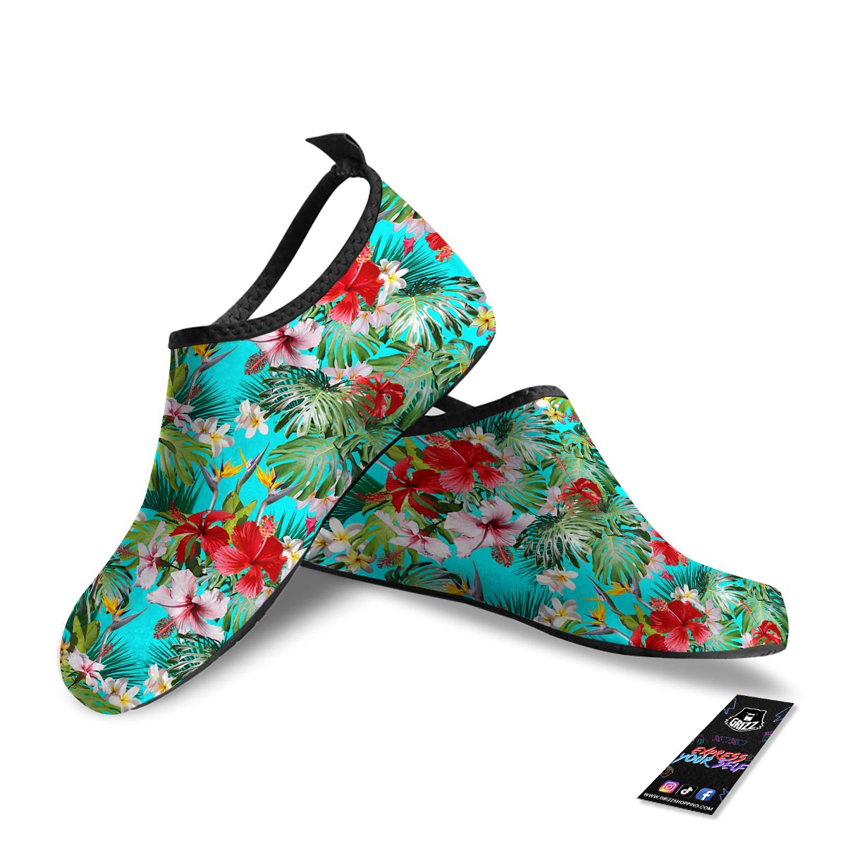 Plumeria Red Hibiscus Print Pattern Water Shoes-grizzshop