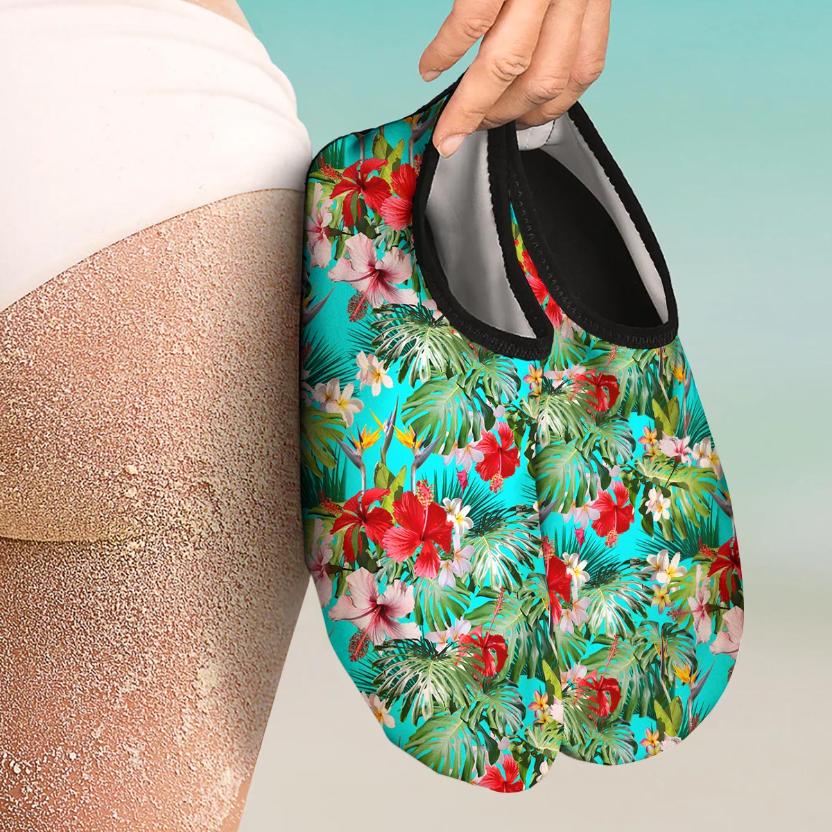 Plumeria Red Hibiscus Print Pattern Water Shoes-grizzshop