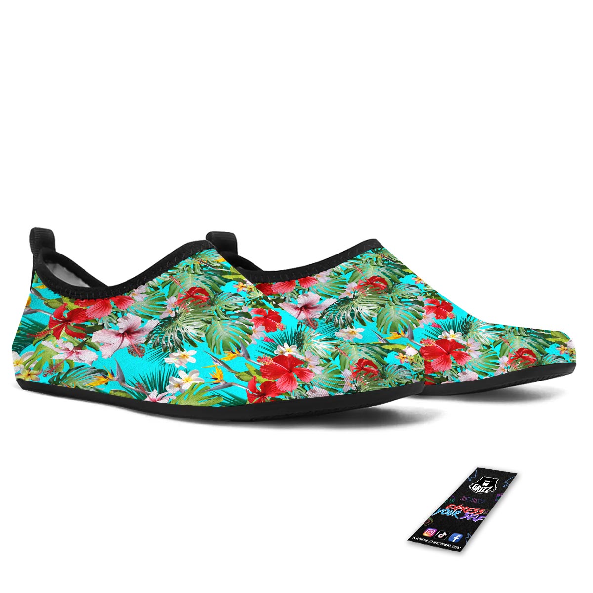 Plumeria Red Hibiscus Print Pattern Water Shoes-grizzshop