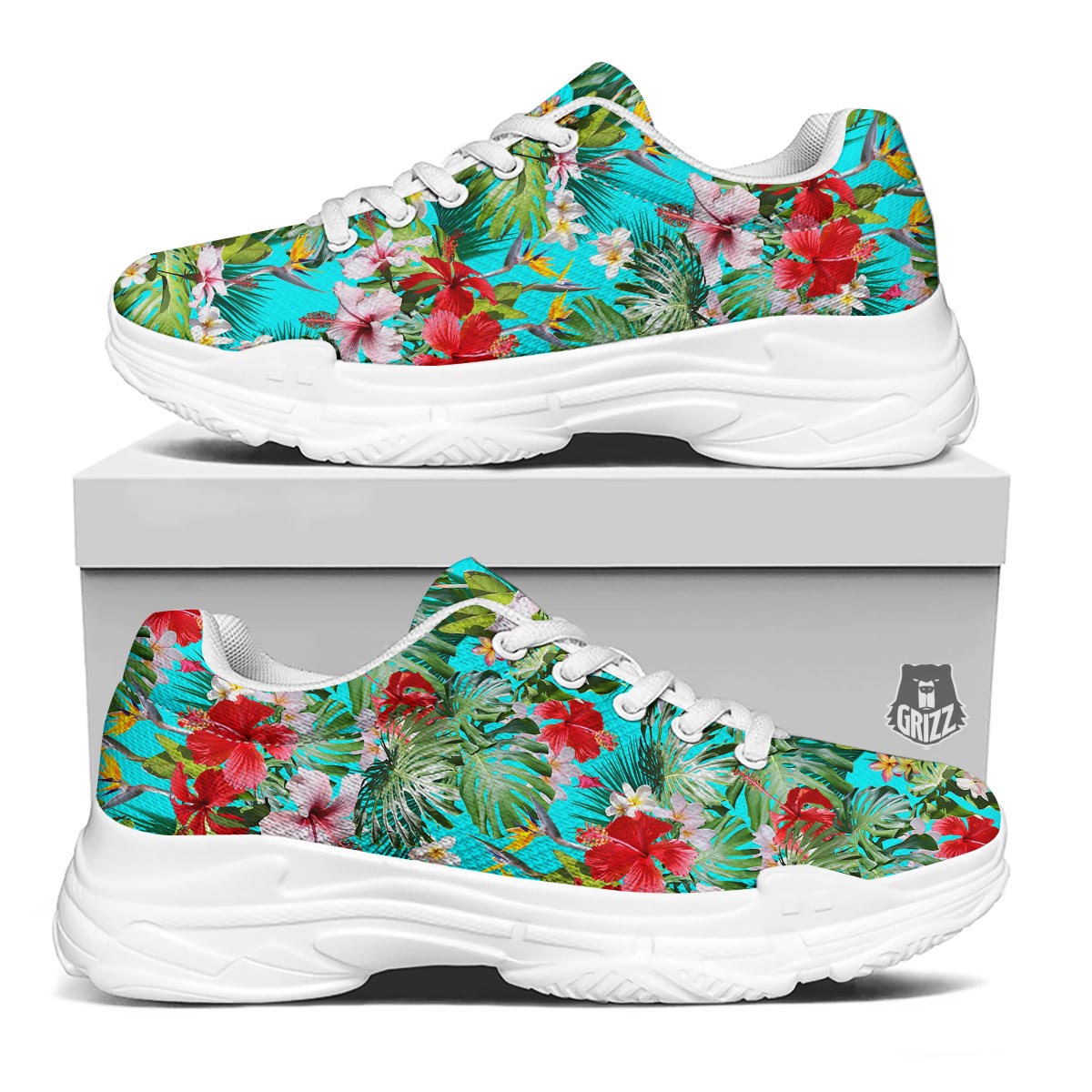 Plumeria Red Hibiscus Print Pattern White Chunky Shoes-grizzshop