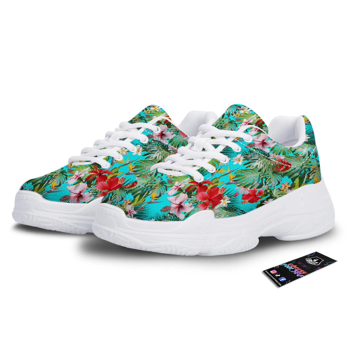 Plumeria Red Hibiscus Print Pattern White Chunky Shoes-grizzshop