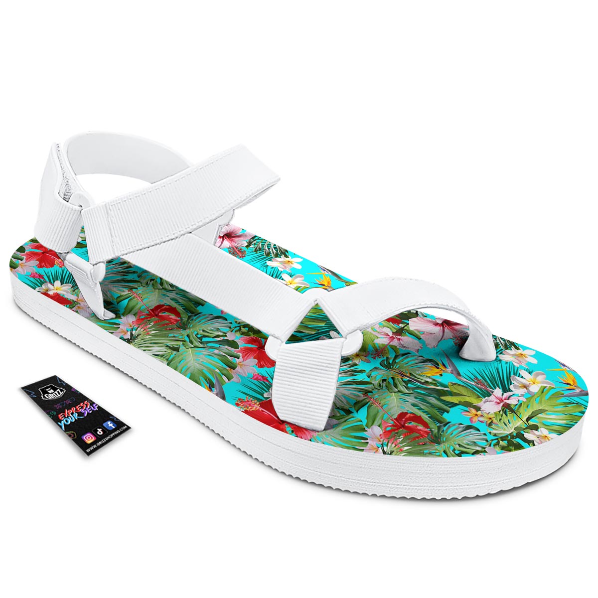 Plumeria Red Hibiscus Print Pattern White Open Toe Sandals-grizzshop