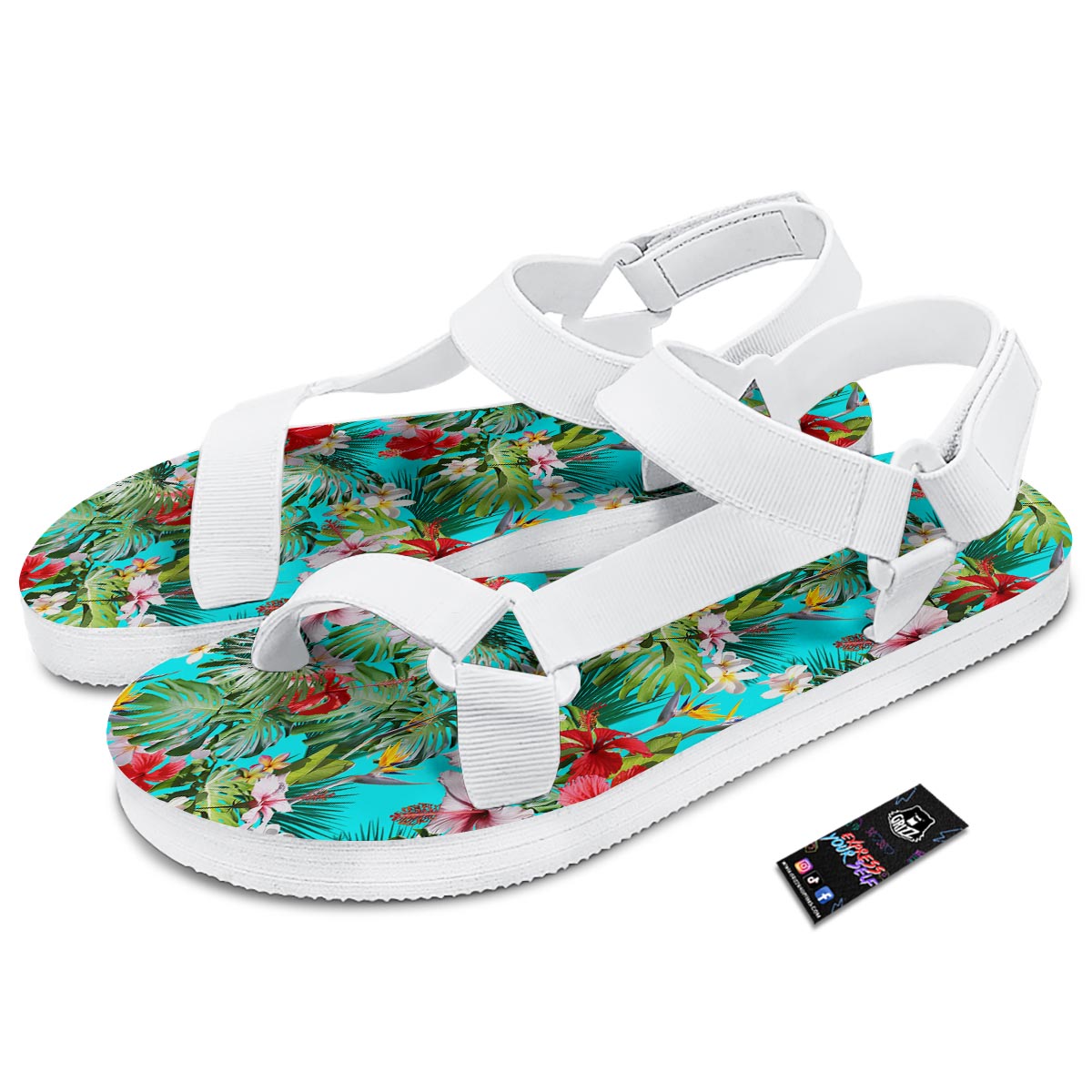 Plumeria Red Hibiscus Print Pattern White Open Toe Sandals-grizzshop