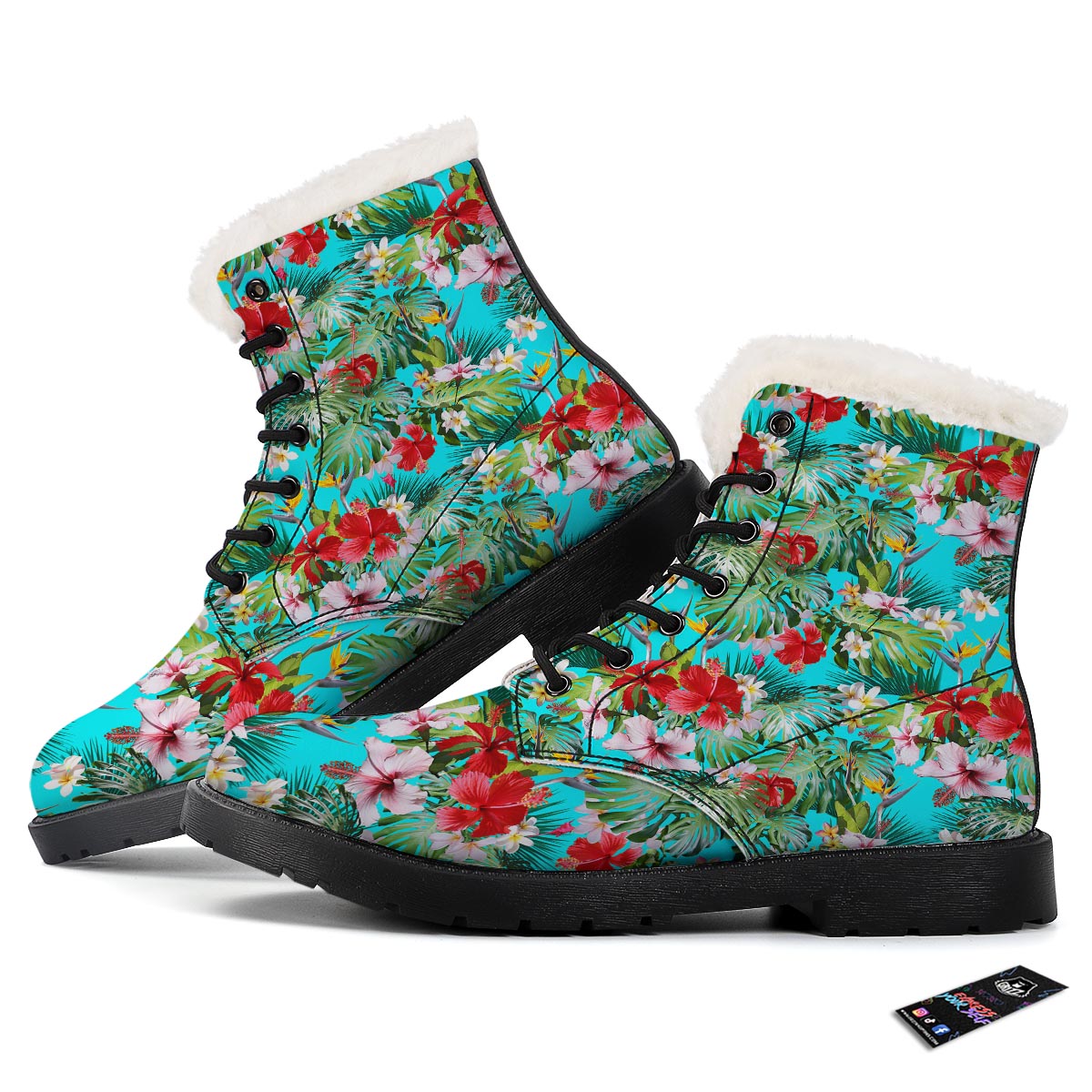 Plumeria Red Hibiscus Print Pattern Winter Boots-grizzshop