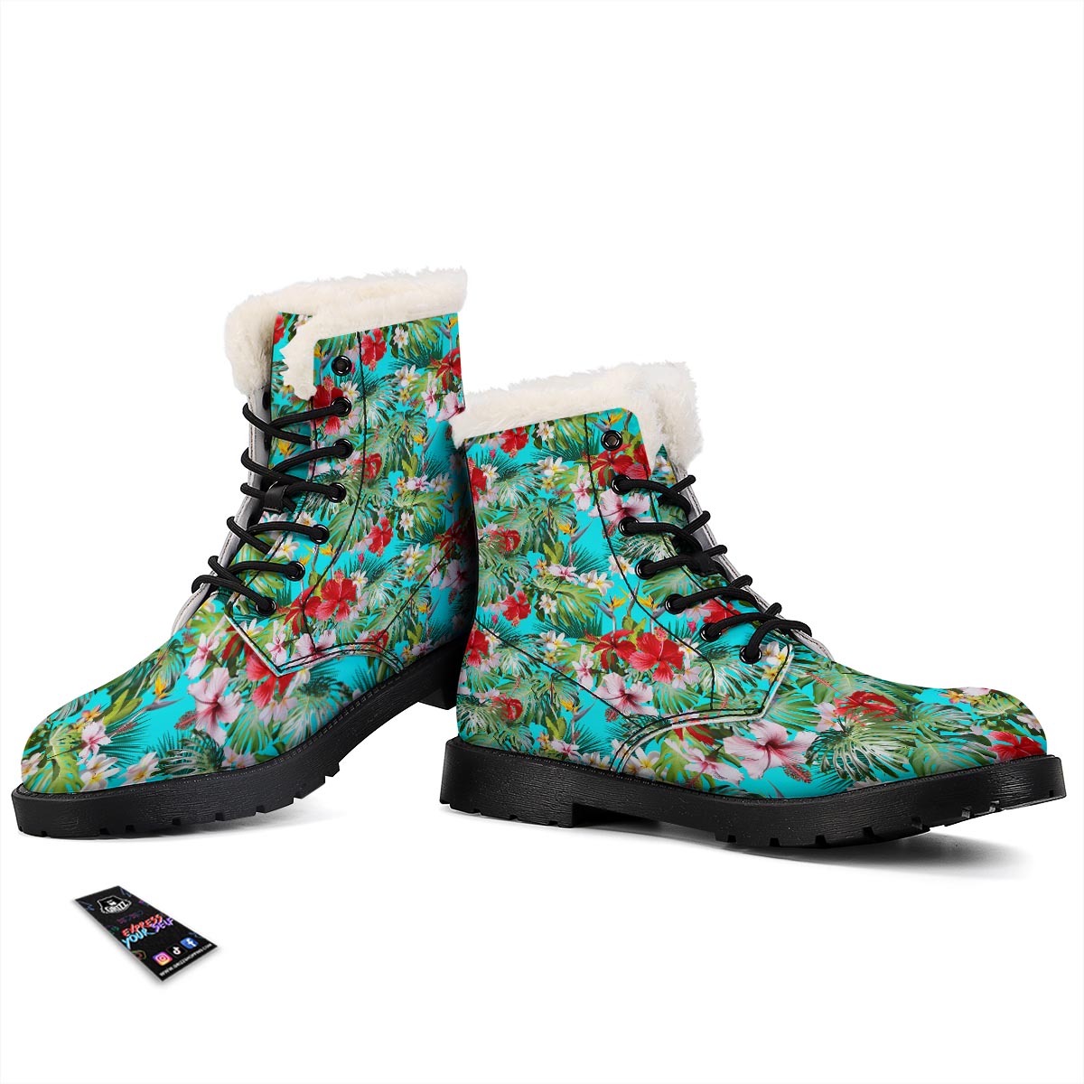 Plumeria Red Hibiscus Print Pattern Winter Boots-grizzshop