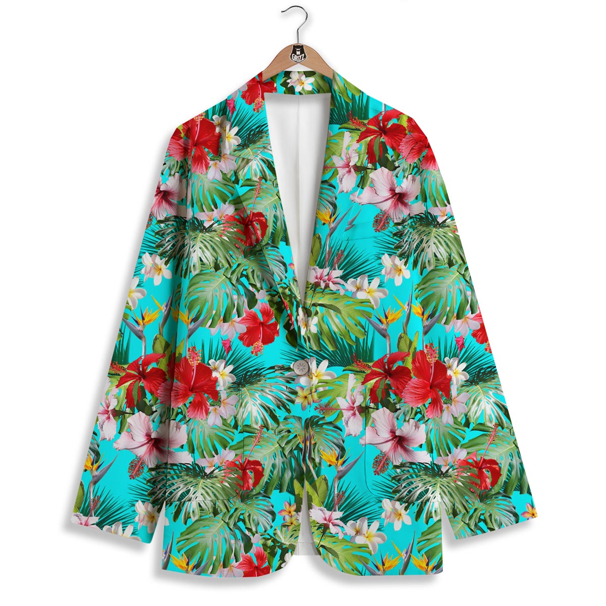 Plumeria Red Hibiscus Print Pattern Women's Blazer-grizzshop