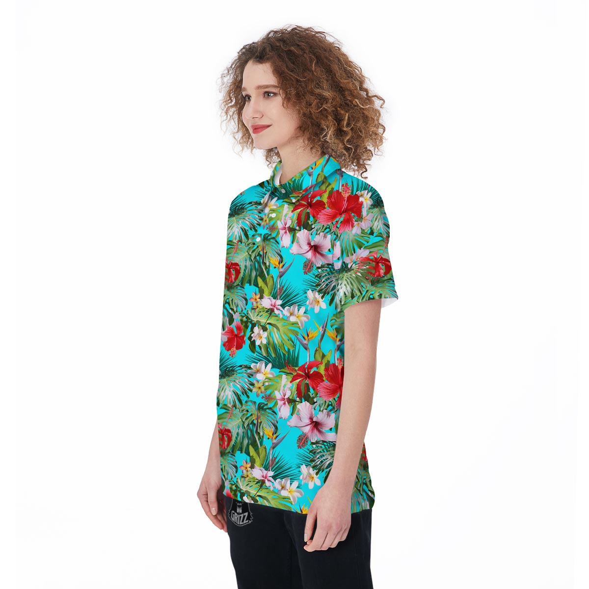 Plumeria Red Hibiscus Print Pattern Women's Golf Shirts-grizzshop