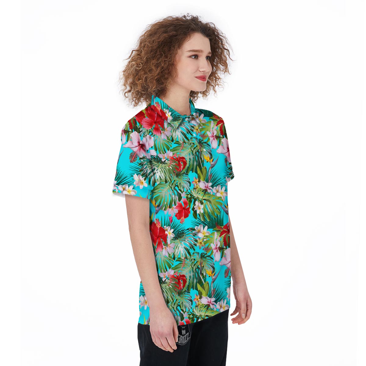 Plumeria Red Hibiscus Print Pattern Women's Golf Shirts-grizzshop