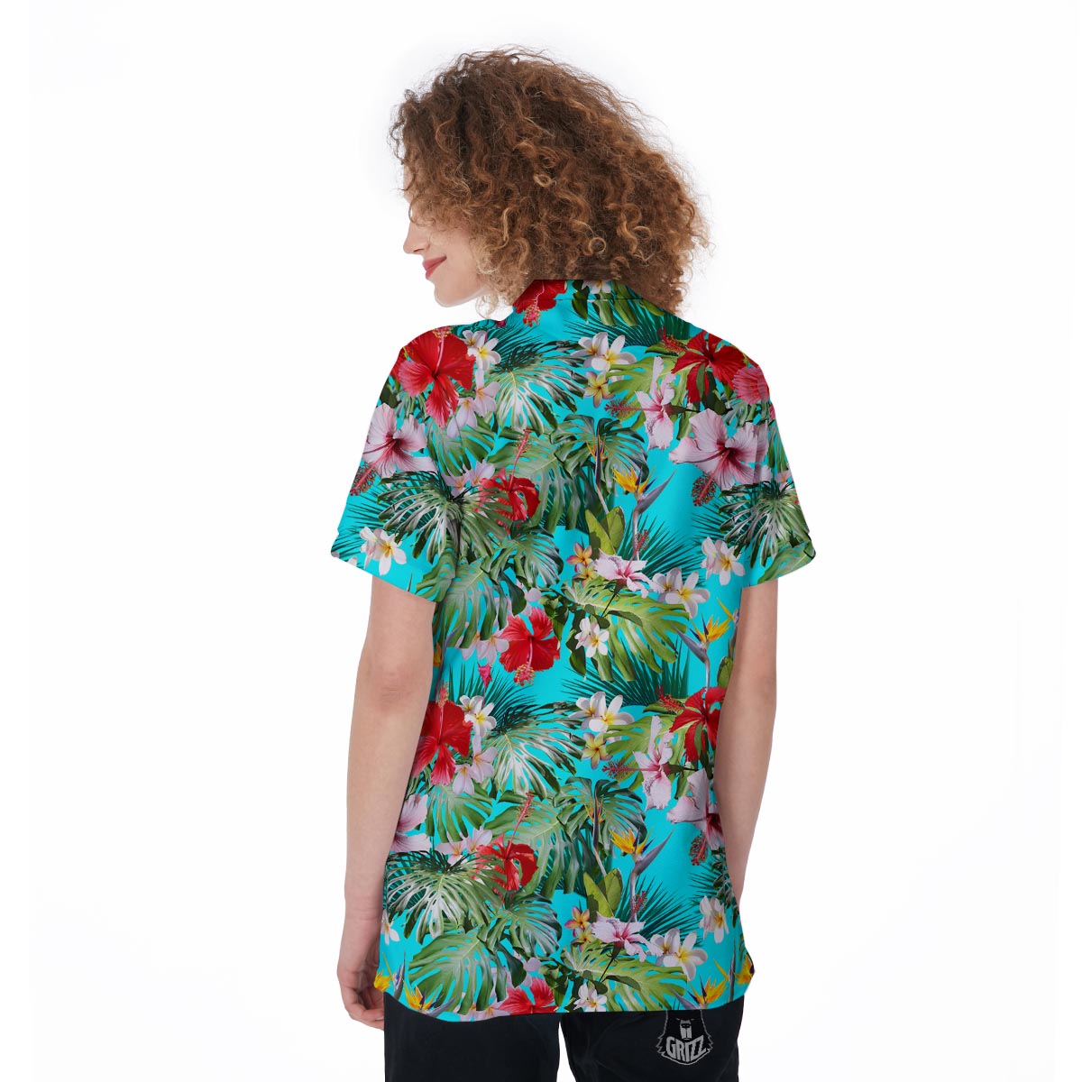 Plumeria Red Hibiscus Print Pattern Women's Golf Shirts-grizzshop