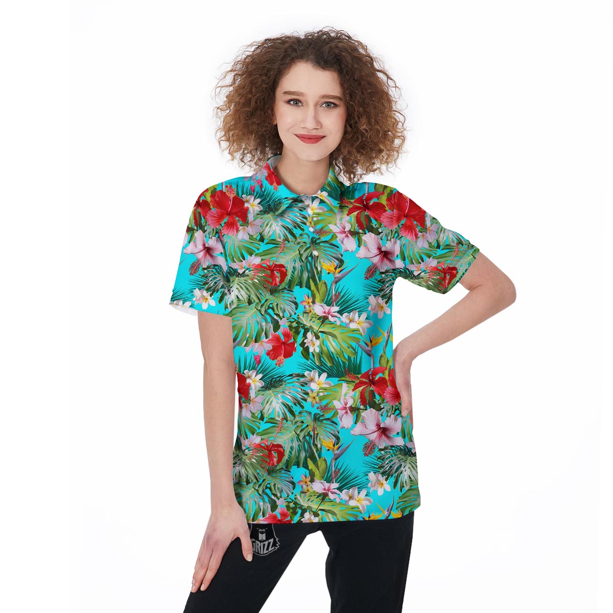 Plumeria Red Hibiscus Print Pattern Women's Golf Shirts-grizzshop