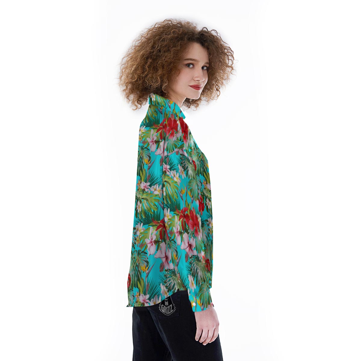 Plumeria Red Hibiscus Print Pattern Women's Long Sleeve Shirts-grizzshop