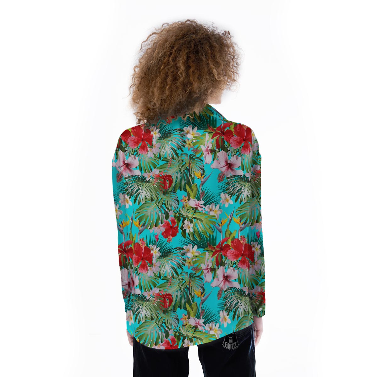 Plumeria Red Hibiscus Print Pattern Women's Long Sleeve Shirts-grizzshop