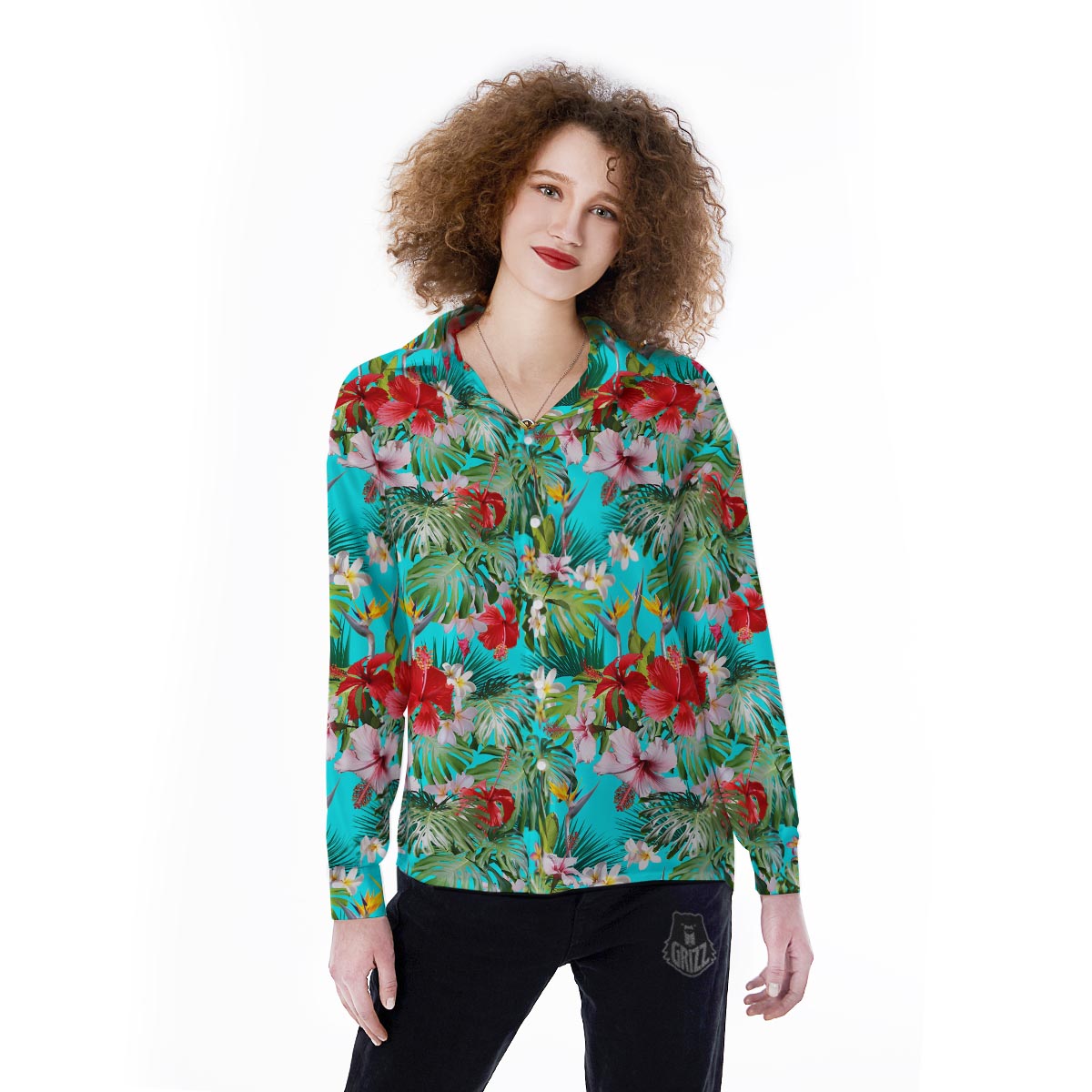 Plumeria Red Hibiscus Print Pattern Women's Long Sleeve Shirts-grizzshop