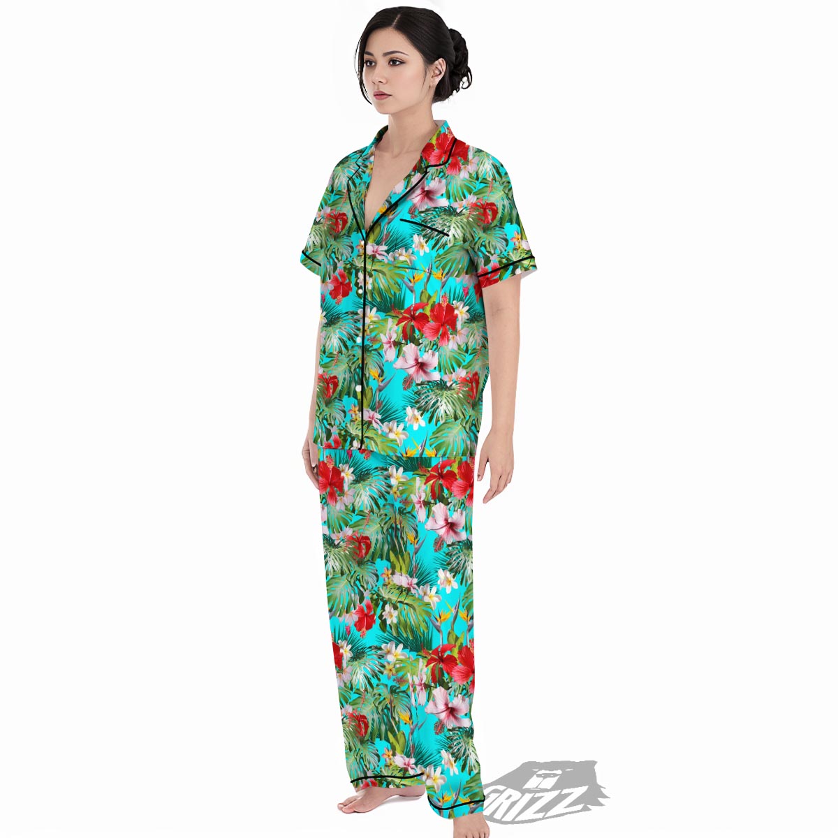 Plumeria Red Hibiscus Print Pattern Women's Pajamas Set-grizzshop