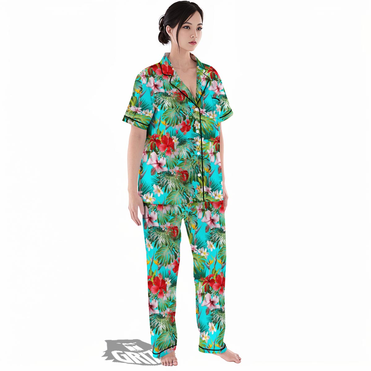 Plumeria Red Hibiscus Print Pattern Women's Pajamas Set-grizzshop