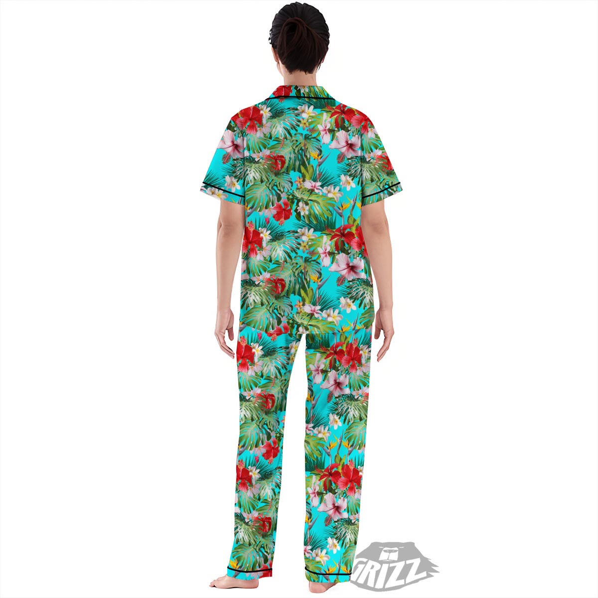 Plumeria Red Hibiscus Print Pattern Women's Pajamas Set-grizzshop