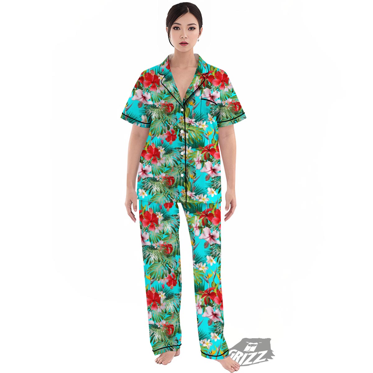 Plumeria Red Hibiscus Print Pattern Women's Pajamas Set-grizzshop