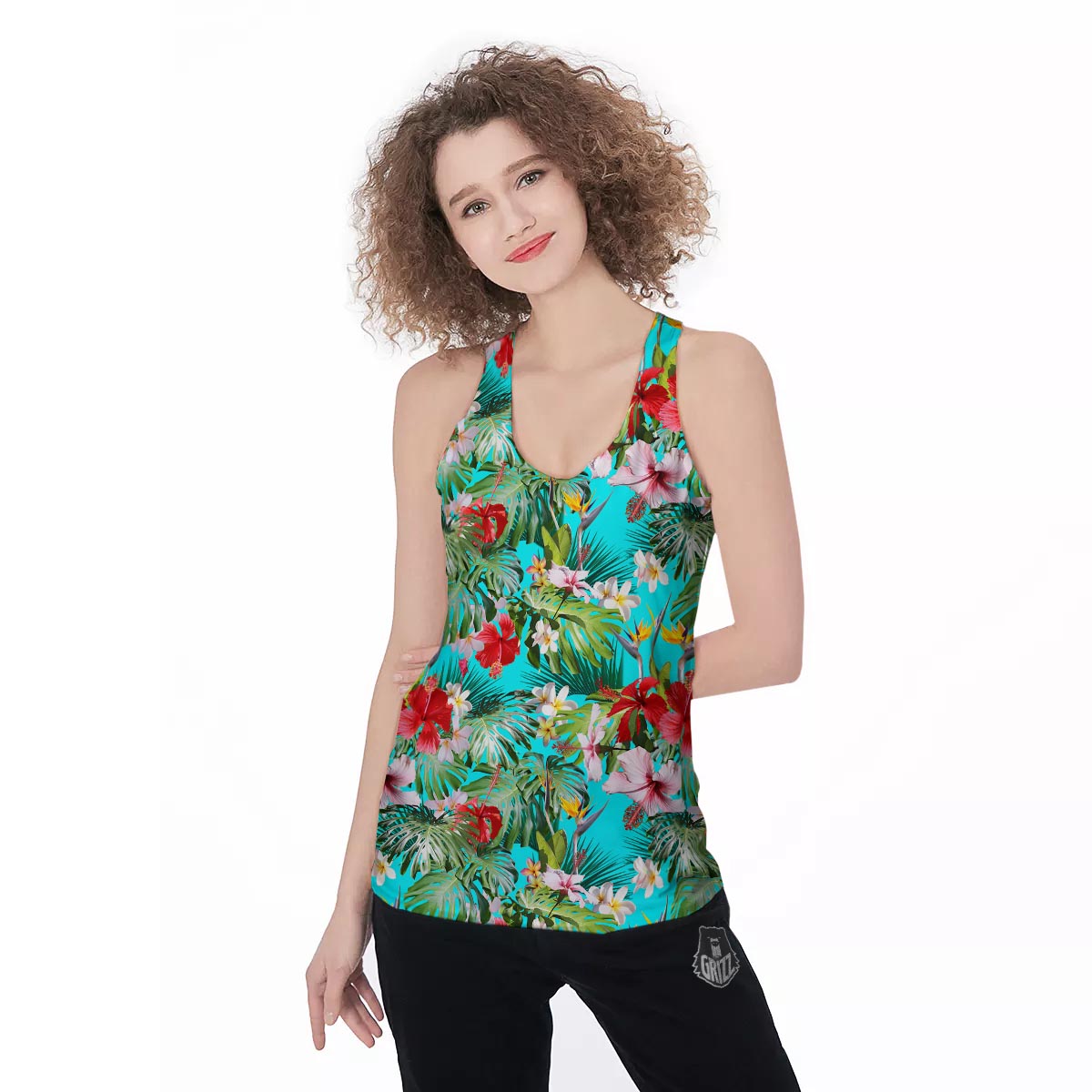 Plumeria Red Hibiscus Print Pattern Women's Racerback Tank Top-grizzshop