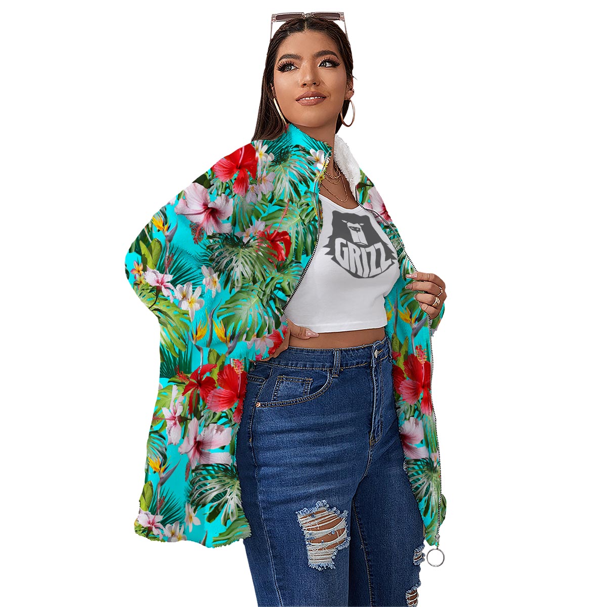 Plumeria Red Hibiscus Print Pattern Women's Sherpa Jacket-grizzshop
