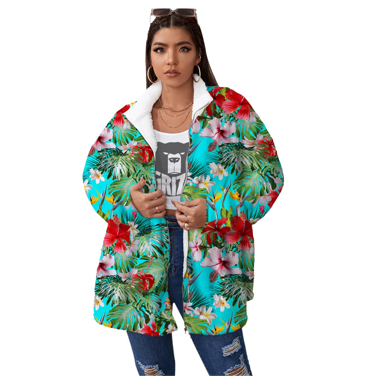 Plumeria Red Hibiscus Print Pattern Women's Sherpa Jacket-grizzshop