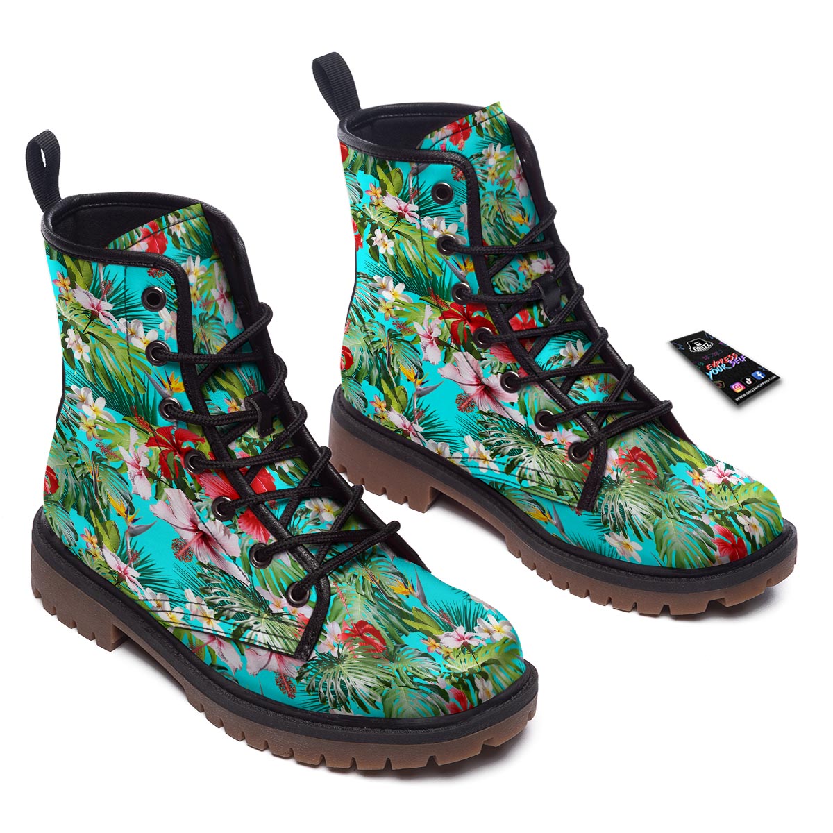 Plumeria Red Hibiscus Print Pattern Work Boots-grizzshop