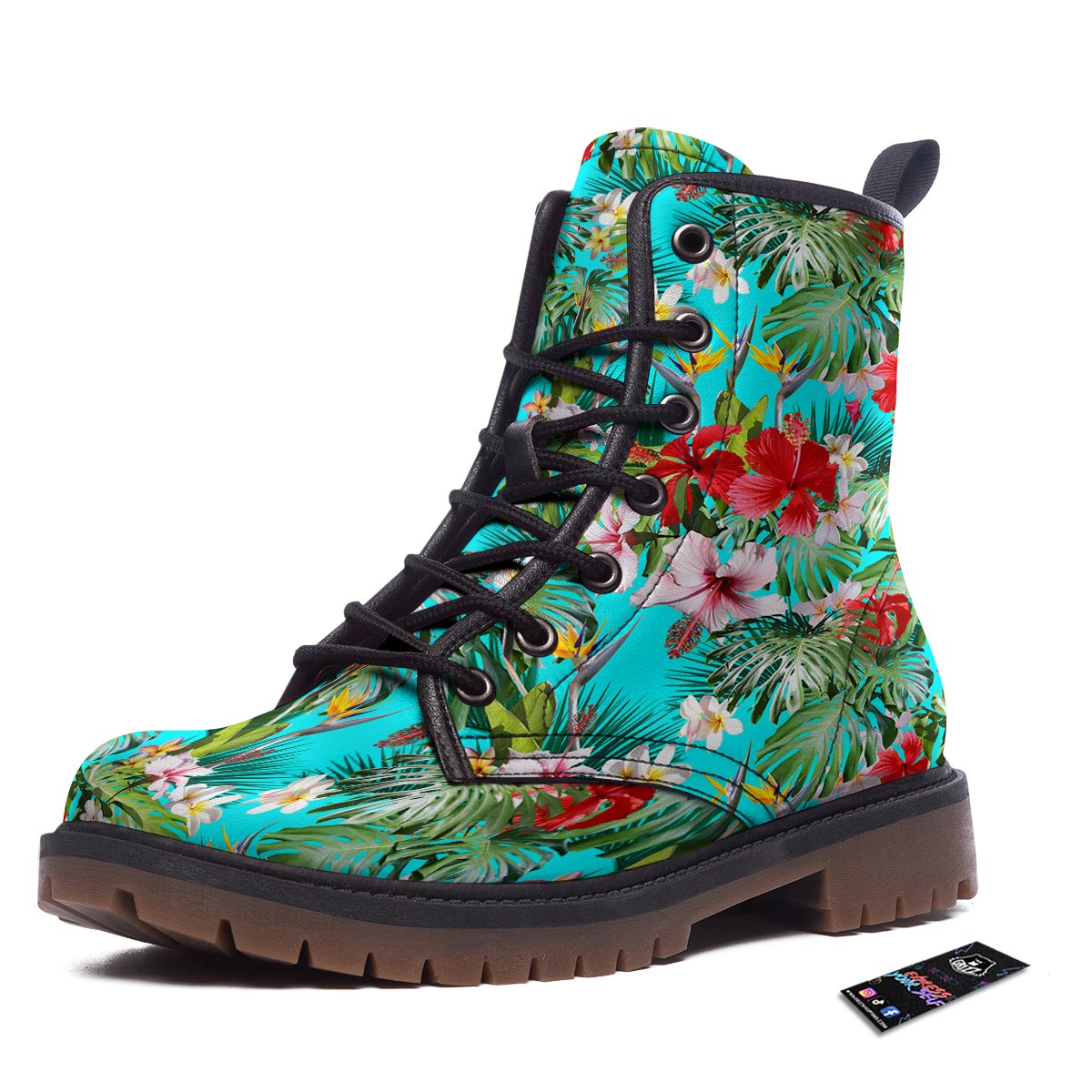 Plumeria Red Hibiscus Print Pattern Work Boots-grizzshop