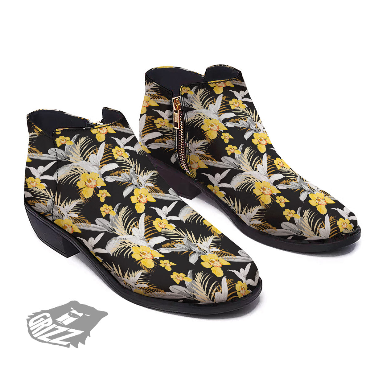 Plumeria Yellow And Black Print Pattern Ankle Boots-grizzshop