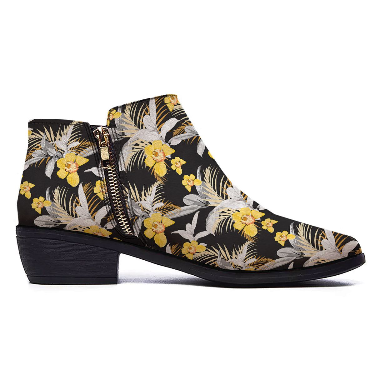 Plumeria Yellow And Black Print Pattern Ankle Boots-grizzshop