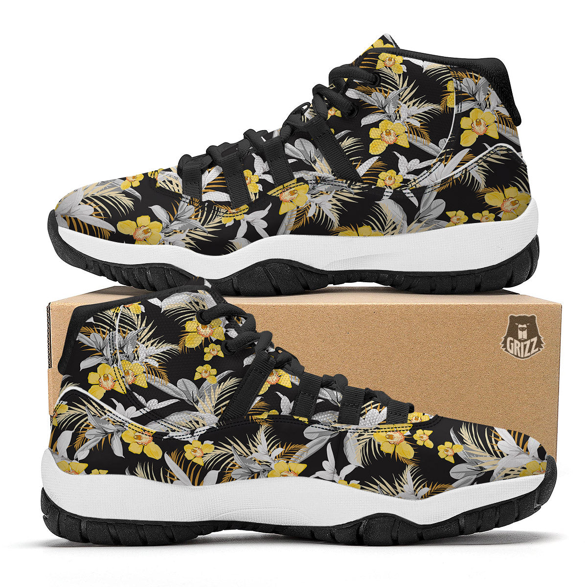 Plumeria Yellow And Black Print Pattern Black Bball Shoes-grizzshop