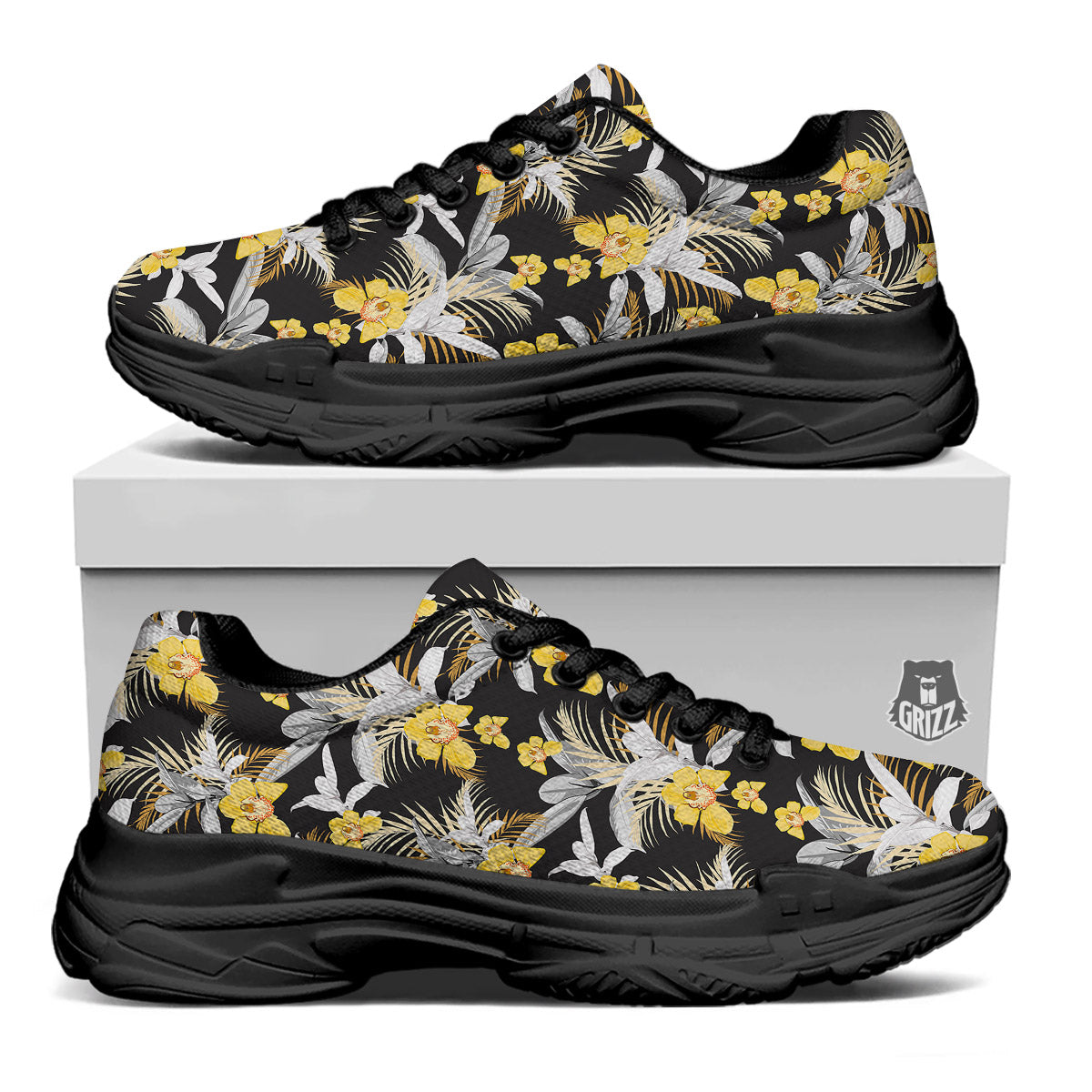 Plumeria Yellow And Black Print Pattern Black Chunky Shoes-grizzshop