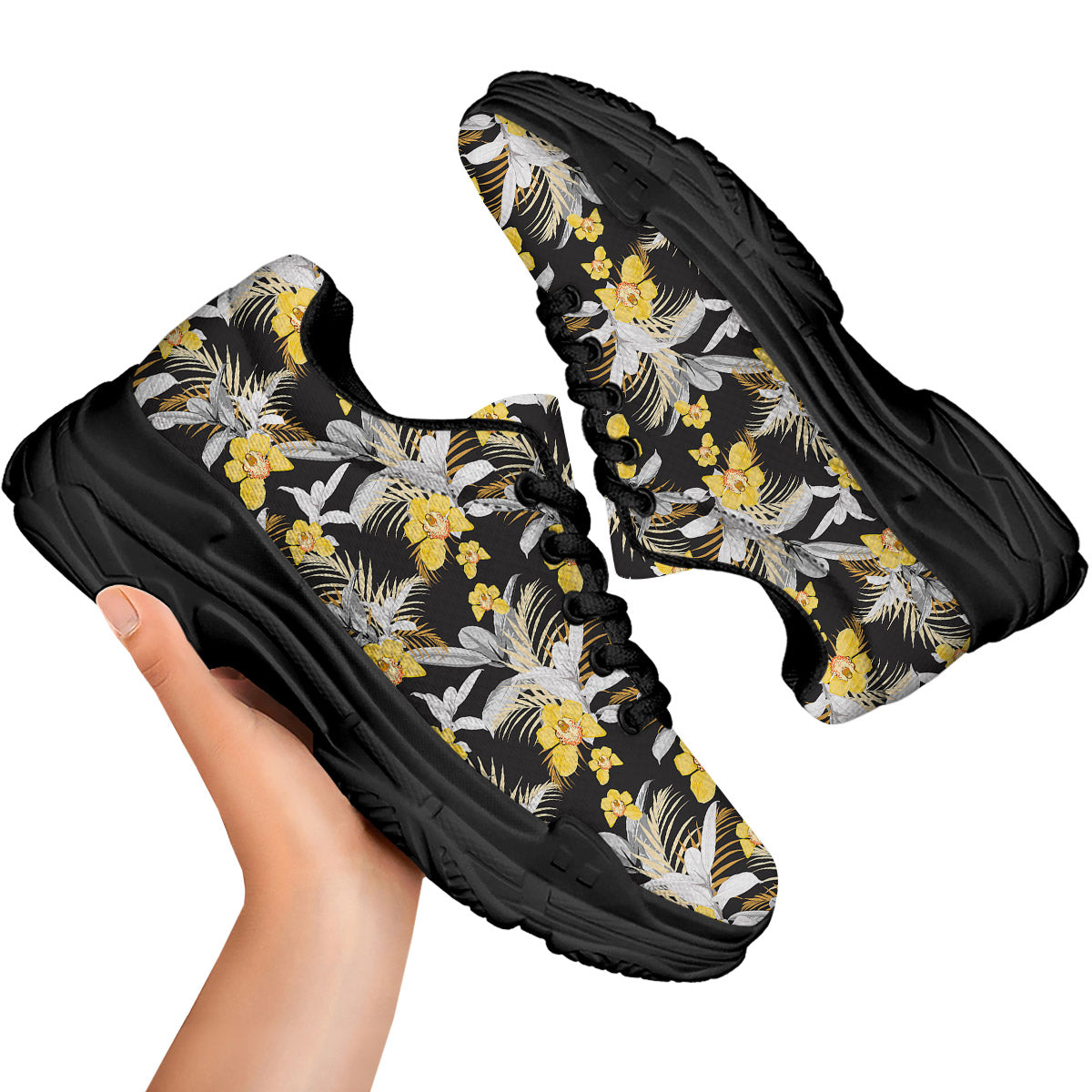 Plumeria Yellow And Black Print Pattern Black Chunky Shoes-grizzshop