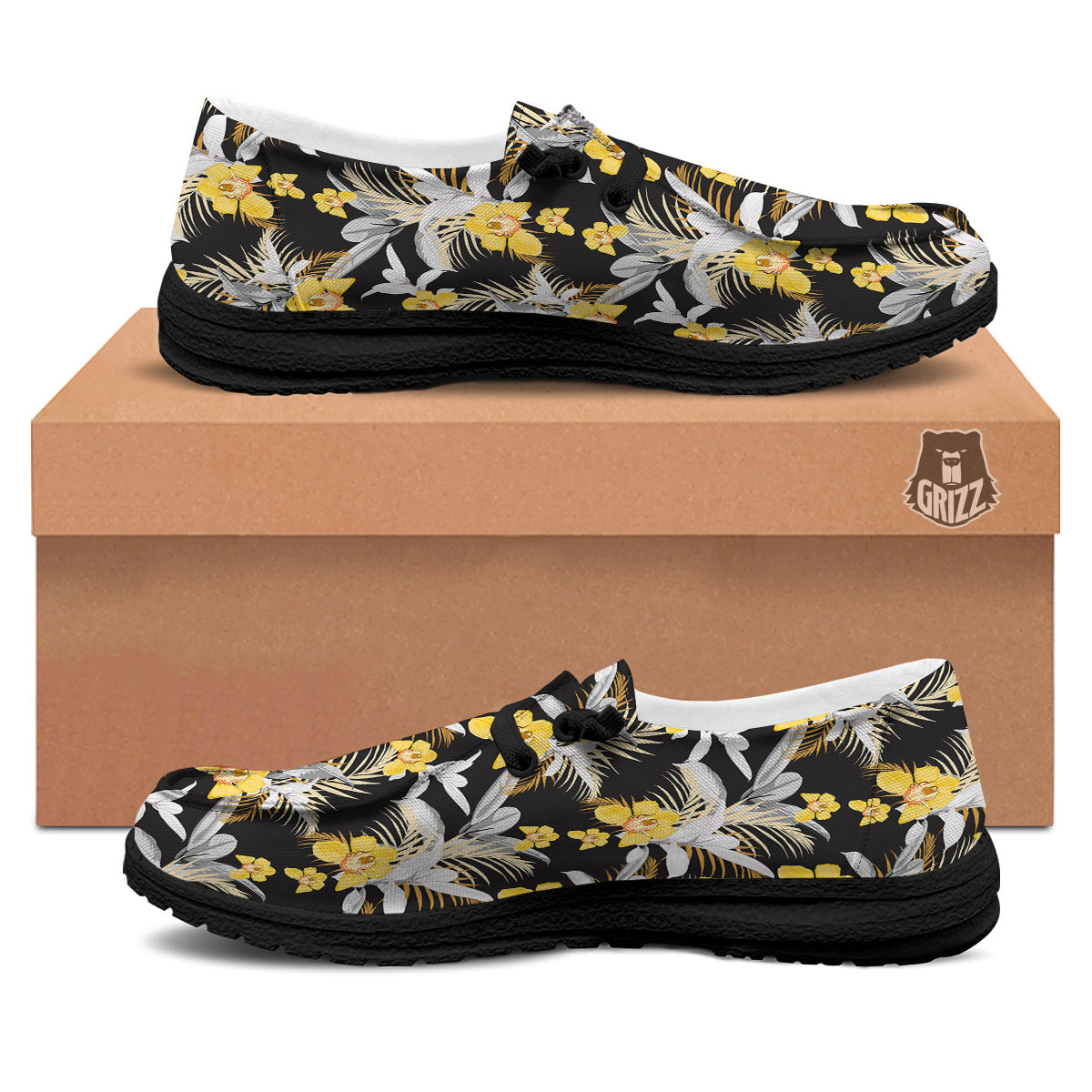 Plumeria Yellow And Black Print Pattern Black Loafers-grizzshop