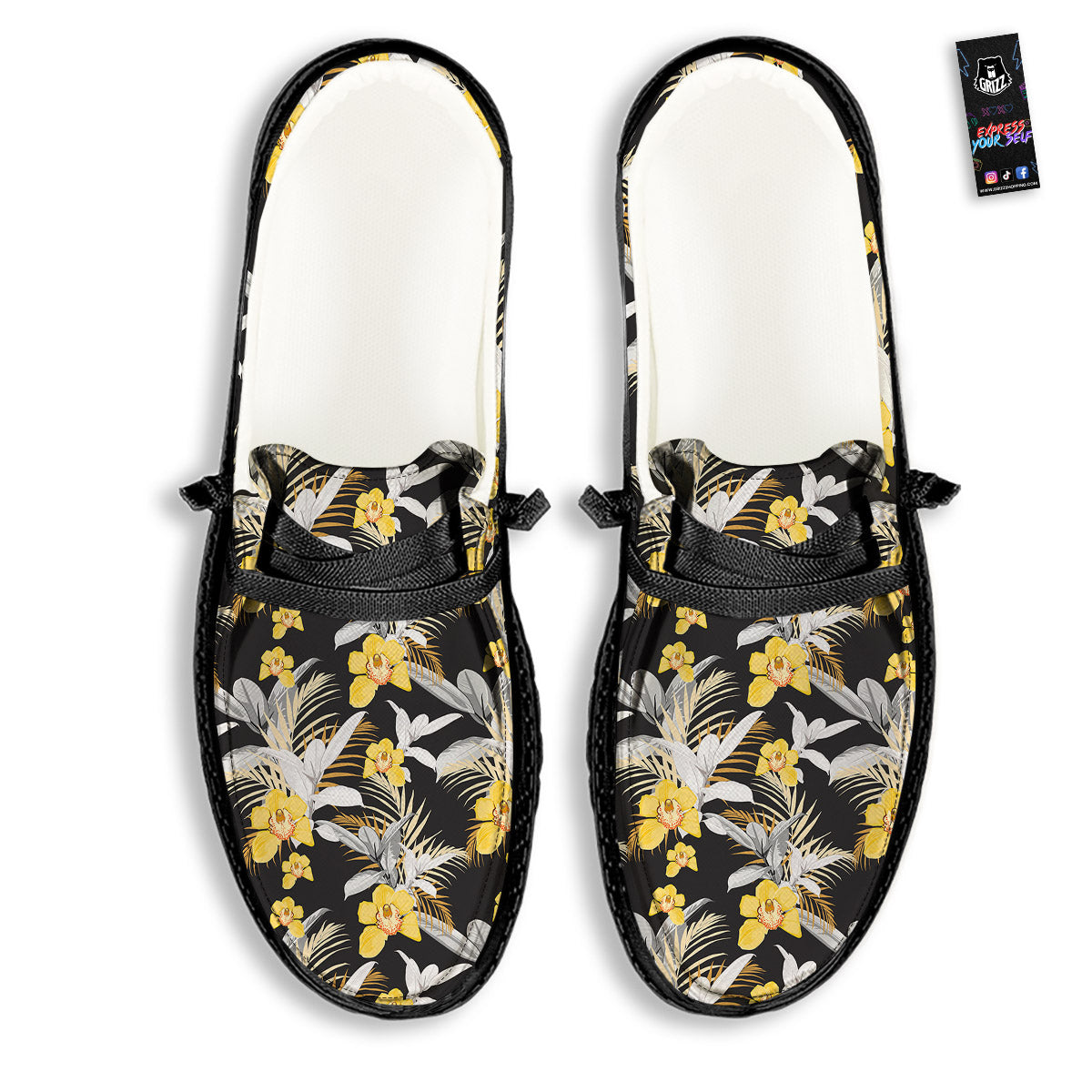 Plumeria Yellow And Black Print Pattern Black Loafers-grizzshop