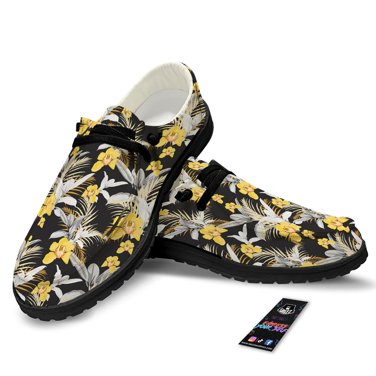 Plumeria Yellow And Black Print Pattern Black Loafers-grizzshop