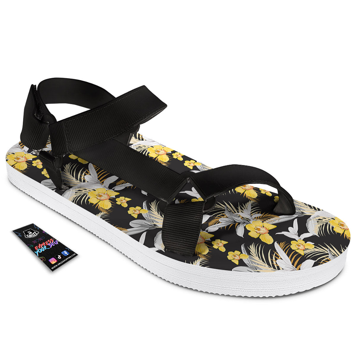 Plumeria Yellow And Black Print Pattern Black Open Toe Sandals-grizzshop