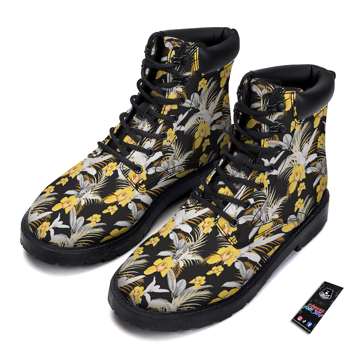 Plumeria Yellow And Black Print Pattern Boots-grizzshop