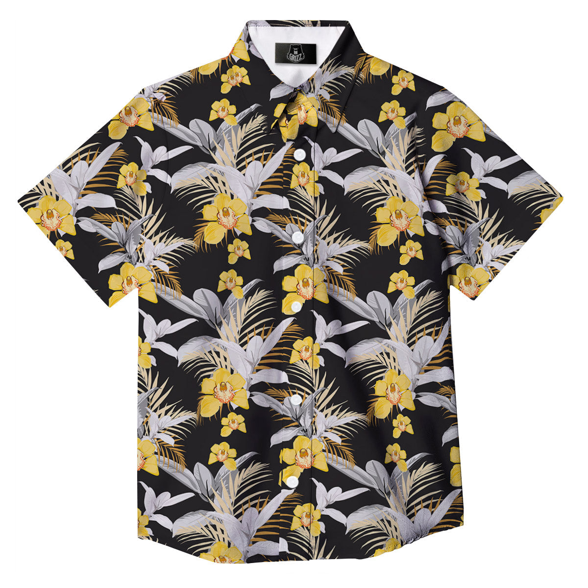 Plumeria Yellow And Black Print Pattern Button Up Shirt-grizzshop
