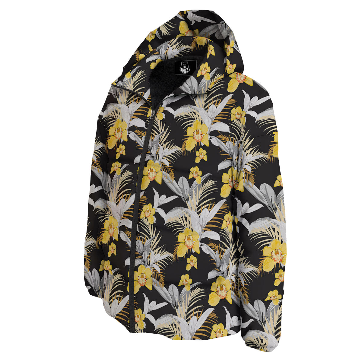 Plumeria Yellow And Black Print Pattern Down Jacket-grizzshop