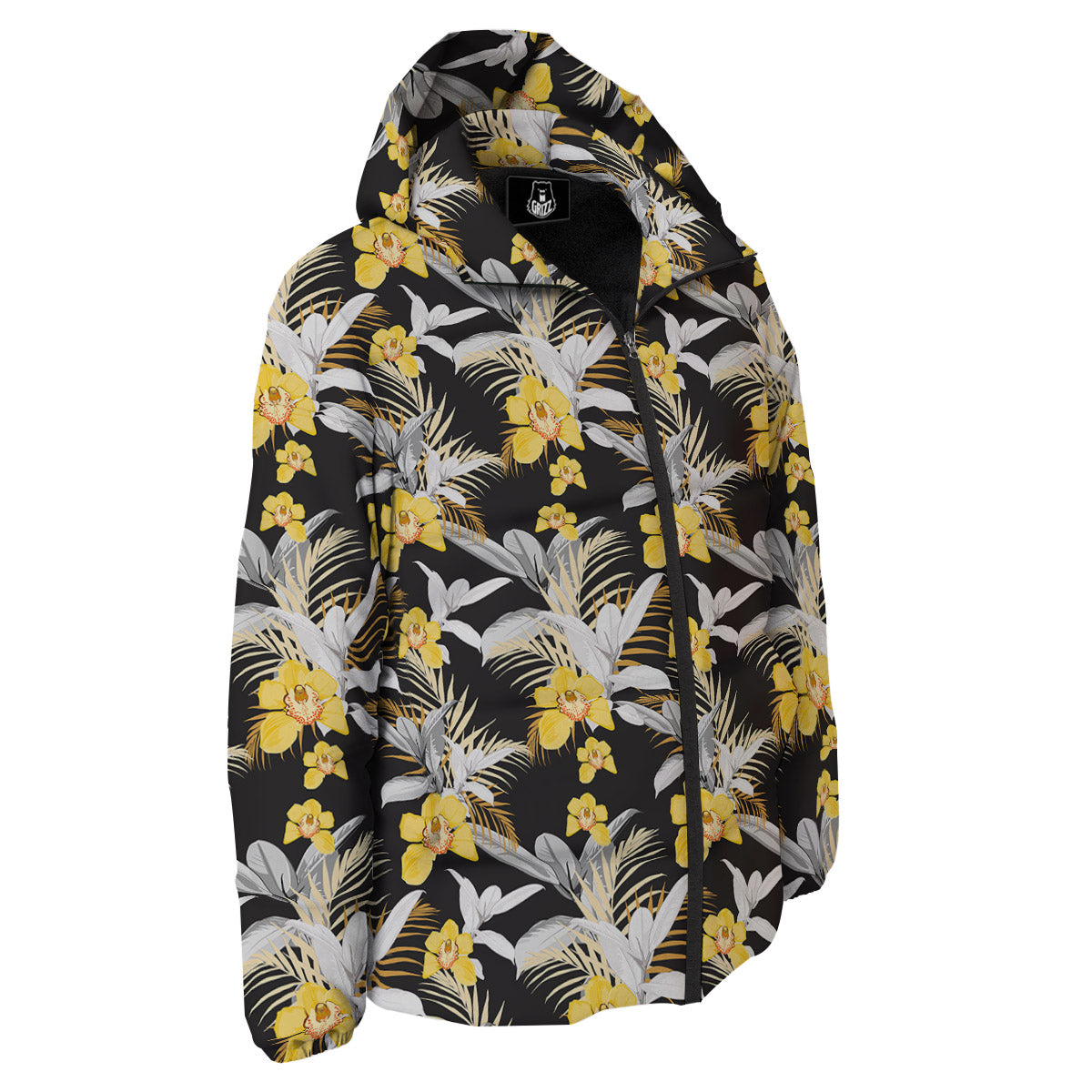 Plumeria Yellow And Black Print Pattern Down Jacket-grizzshop