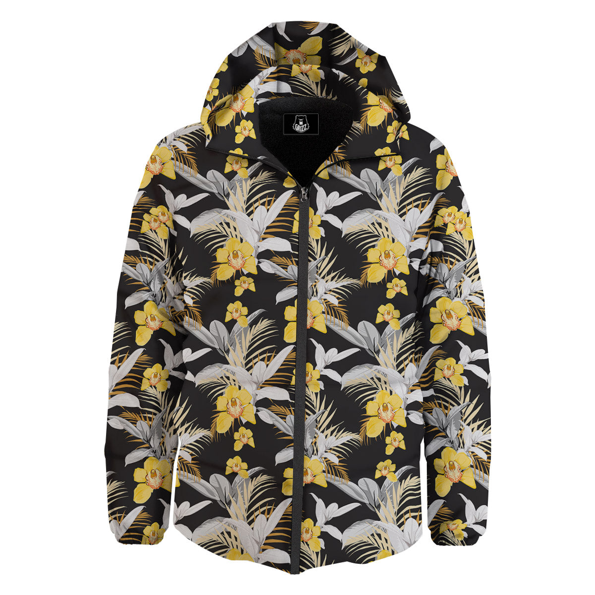 Plumeria Yellow And Black Print Pattern Down Jacket-grizzshop