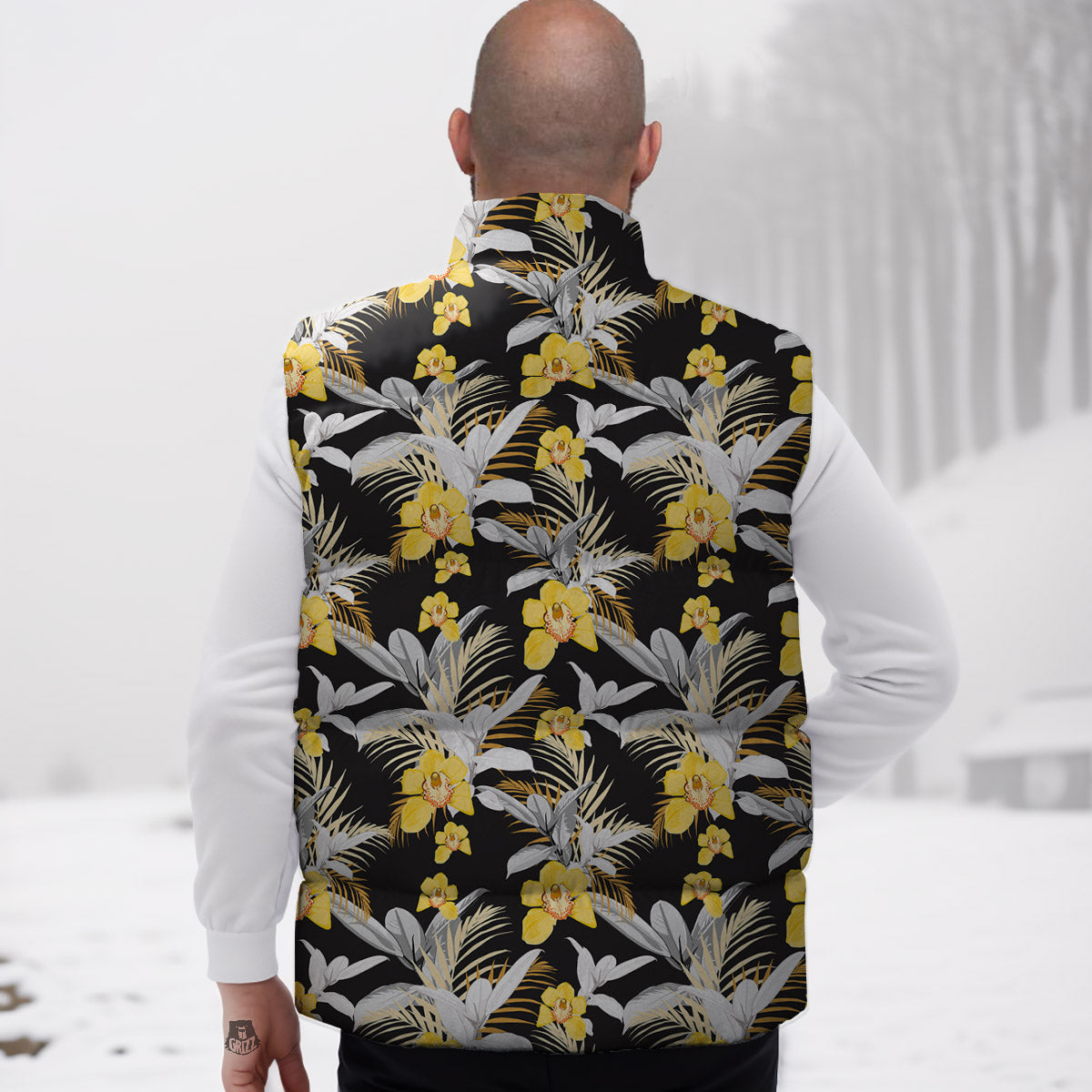 Plumeria Yellow And Black Print Pattern Down Vest