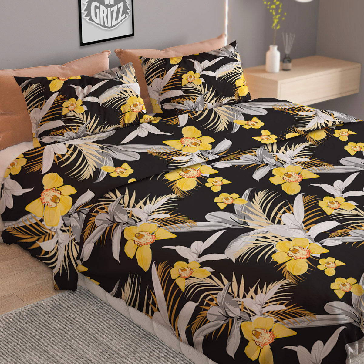Plumeria Yellow And Black Print Pattern Duvet Cover Bedding Set