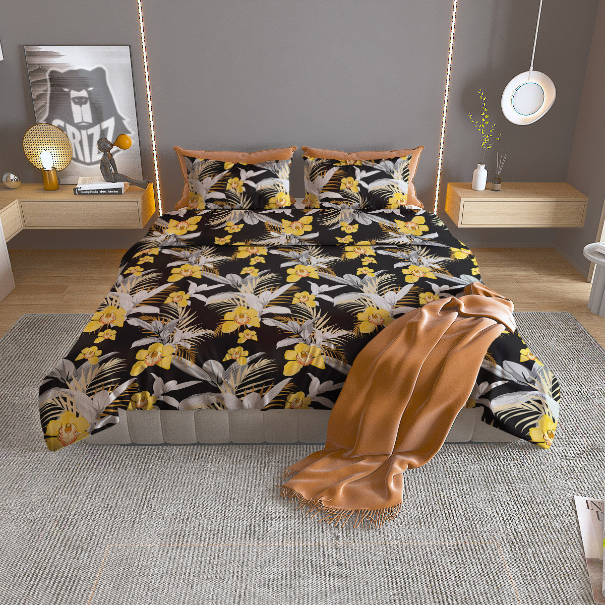 Plumeria Yellow And Black Print Pattern Duvet Cover Bedding Set