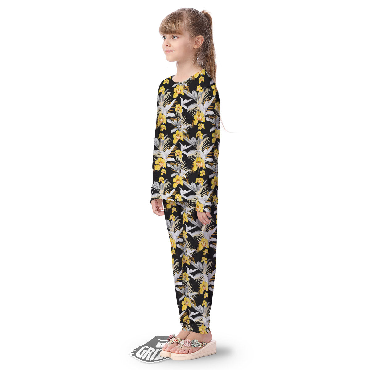 Plumeria Yellow And Black Print Pattern Kid's Pajamas-grizzshop