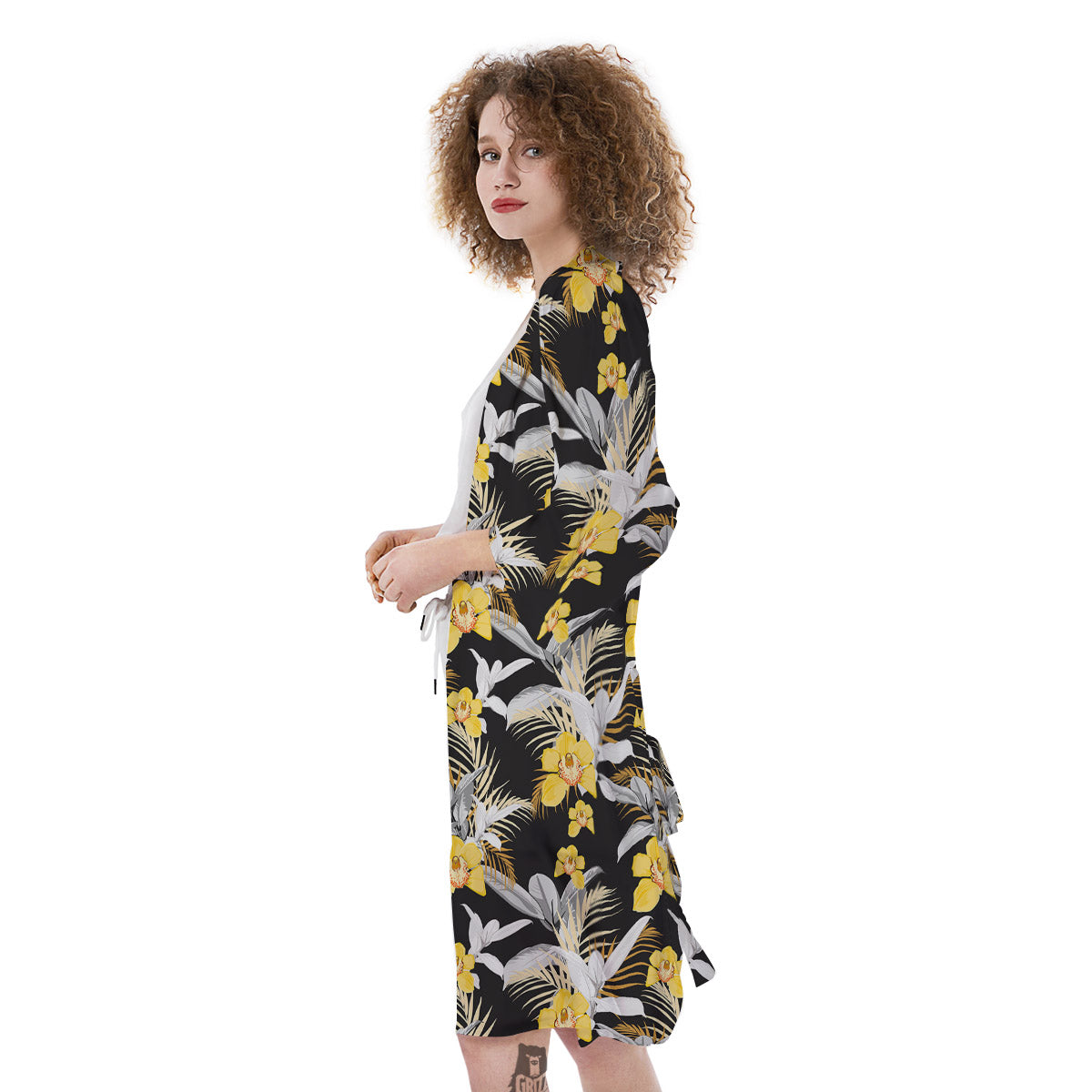 Plumeria Yellow And Black Print Pattern Kimono-grizzshop