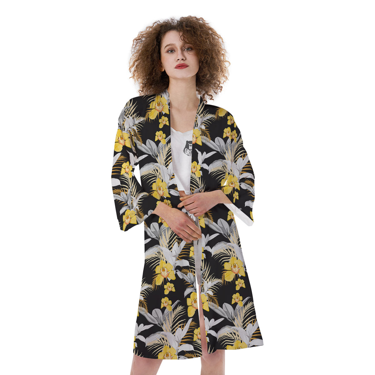 Plumeria Yellow And Black Print Pattern Kimono-grizzshop