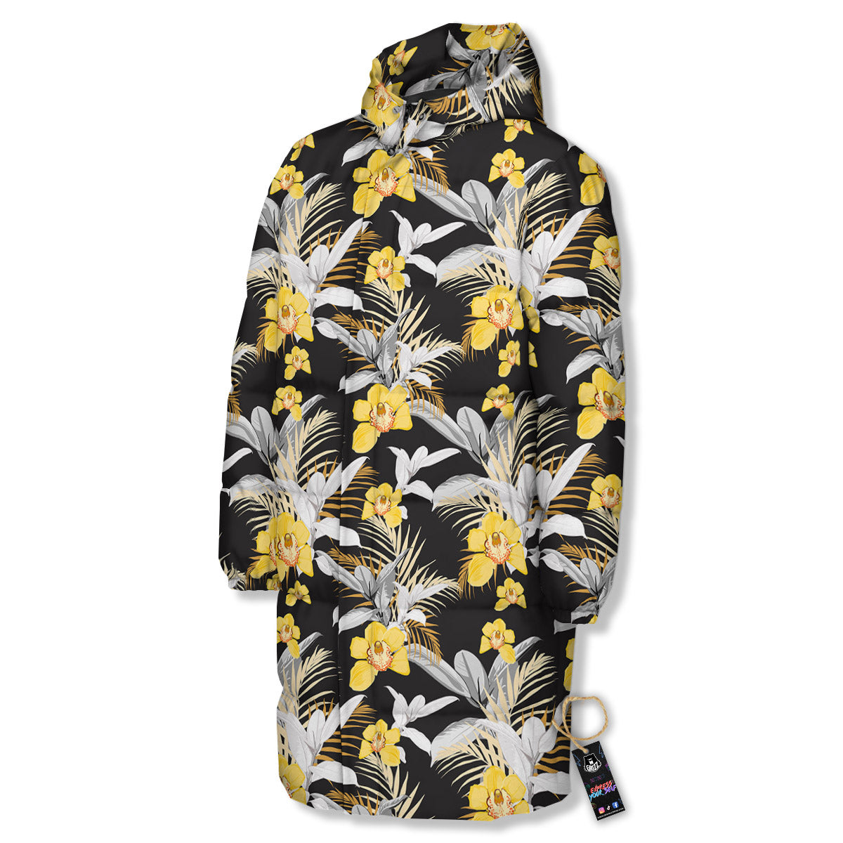 Plumeria Yellow And Black Print Pattern Long Down Jacket-grizzshop