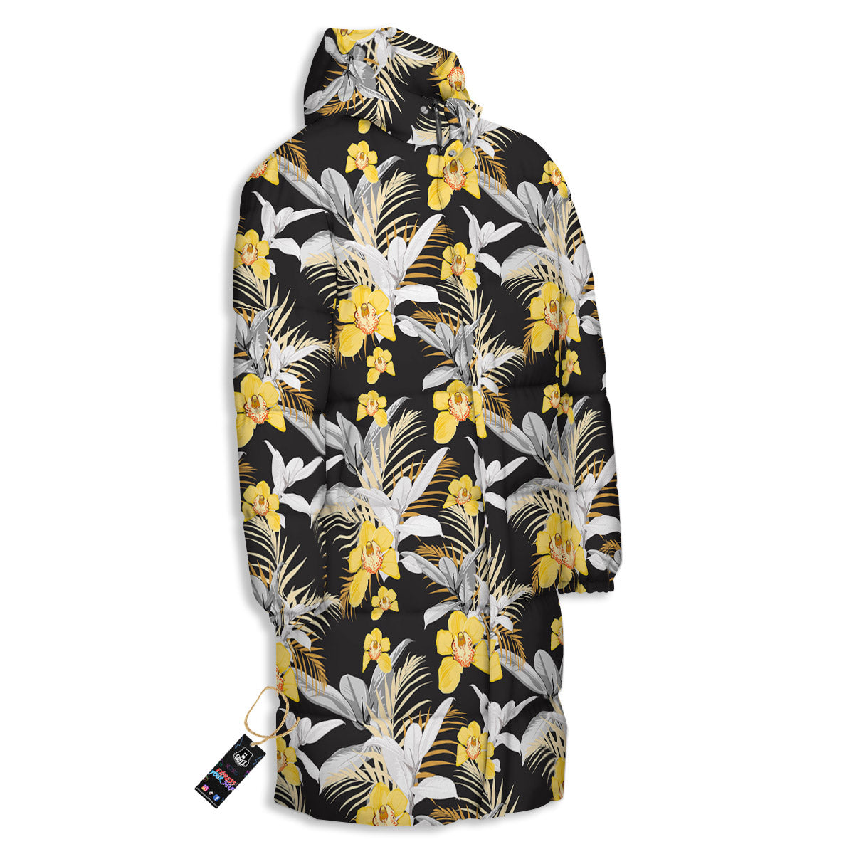 Plumeria Yellow And Black Print Pattern Long Down Jacket-grizzshop